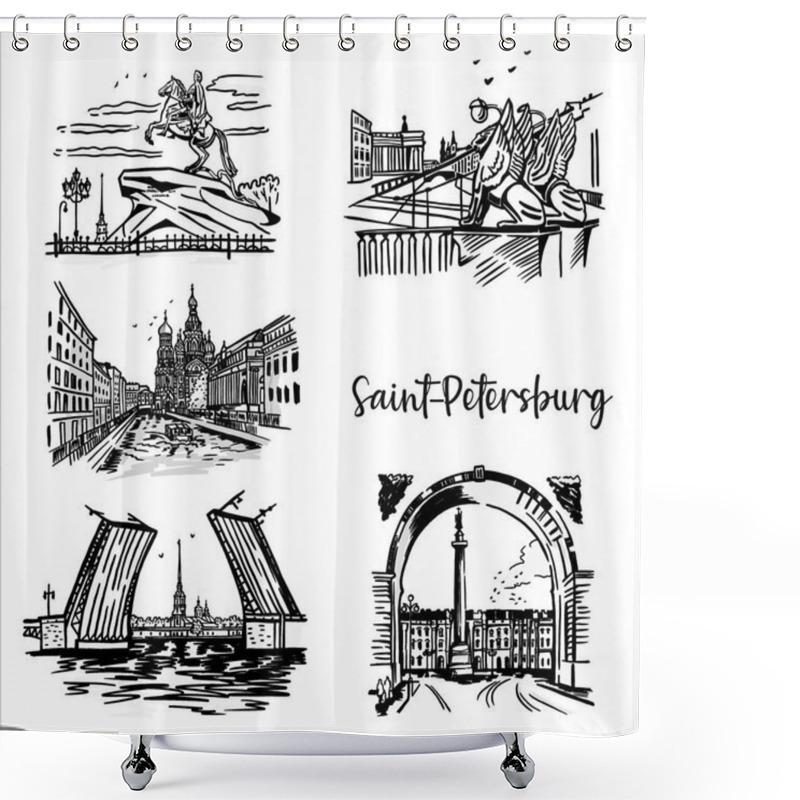 Personality  A Set Of Views Of St. Petersburg Russia. Graphic Sketches. Black And White Architecture Shower Curtains