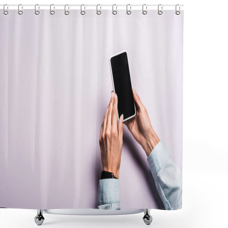 Personality  Cropped View Of Woman Touching Smartphone With Blank Screen On Purple Shower Curtains