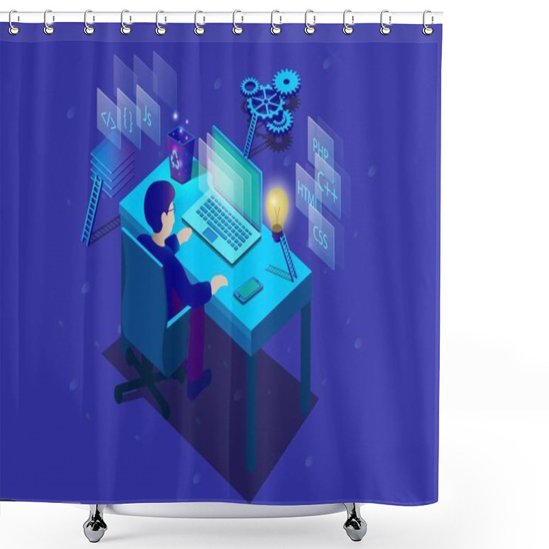 Personality  3d Isometric Digital Design Programing Software And Technologies. Man On The Computer Working At New Website Design. Shower Curtains