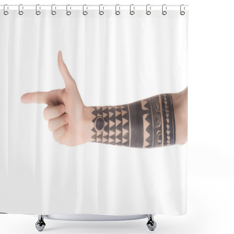 Personality  Cropped View Of Tattooed Man Pointing Left With Finger Isolated On White Shower Curtains