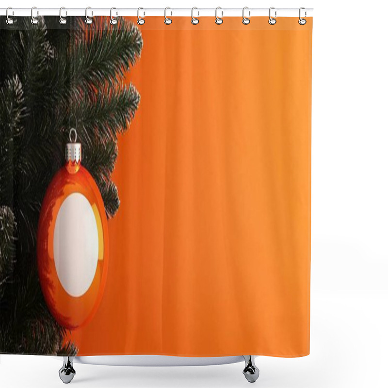 Personality  Bright Orange Christmas Ornament Hanging On A Pine Branch. Shower Curtains