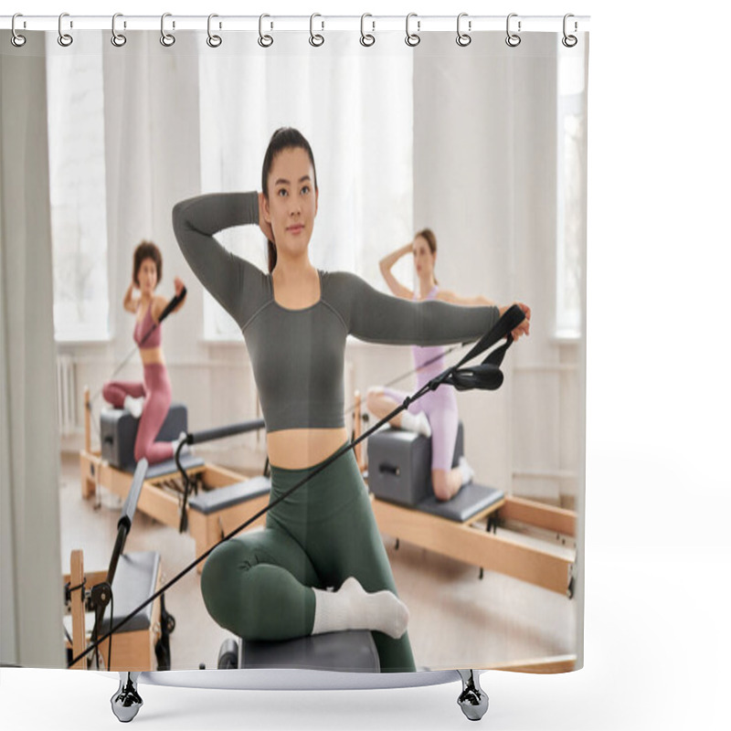 Personality  Fit Women Engage In A Pilates Class, Focusing On Flexibility And Core Strength. Shower Curtains