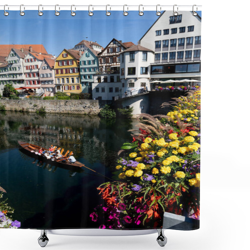 Personality  Tuebingen, BW / Germany - 18 July 2020: View Of Old Town Tuebingen On The Neckar River With A Stocherkahn Boat In The Foreground Shower Curtains