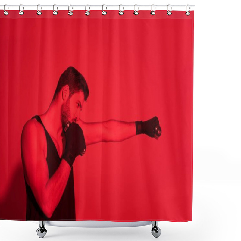 Personality  Side View Of Fighter Making Hit With Hands Covered With Bandages Under Red Light Shower Curtains