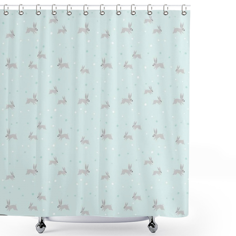 Personality  Rabbits Wild Life Animals Cartoon Style Seasonal Pastel Mint Turquoise Gray Seamless Pattern On Light Background Shower Curtains