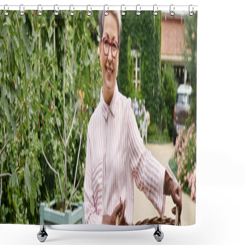 Personality  Jolly Mature Woman Holding Big Straw Basket And Smiling At Camera Near Her House In England, Banner Shower Curtains