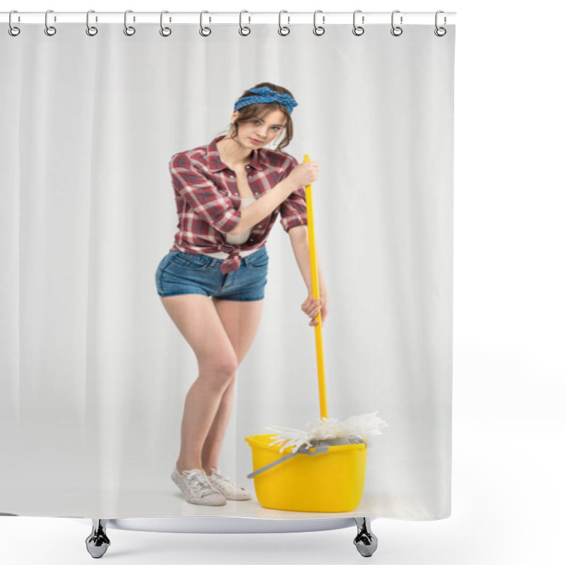 Personality  Young Woman With Mop Shower Curtains