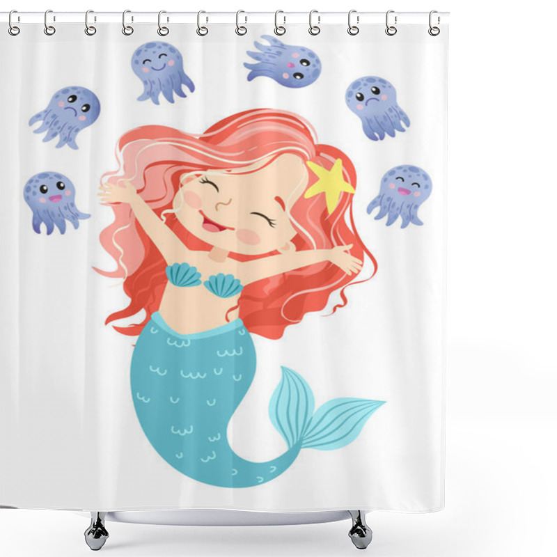 Personality  Hand Drown Vector Illustration Of Beautiful Girl Mermaid. Underwater Marine Life Of A Coral Reef Shower Curtains