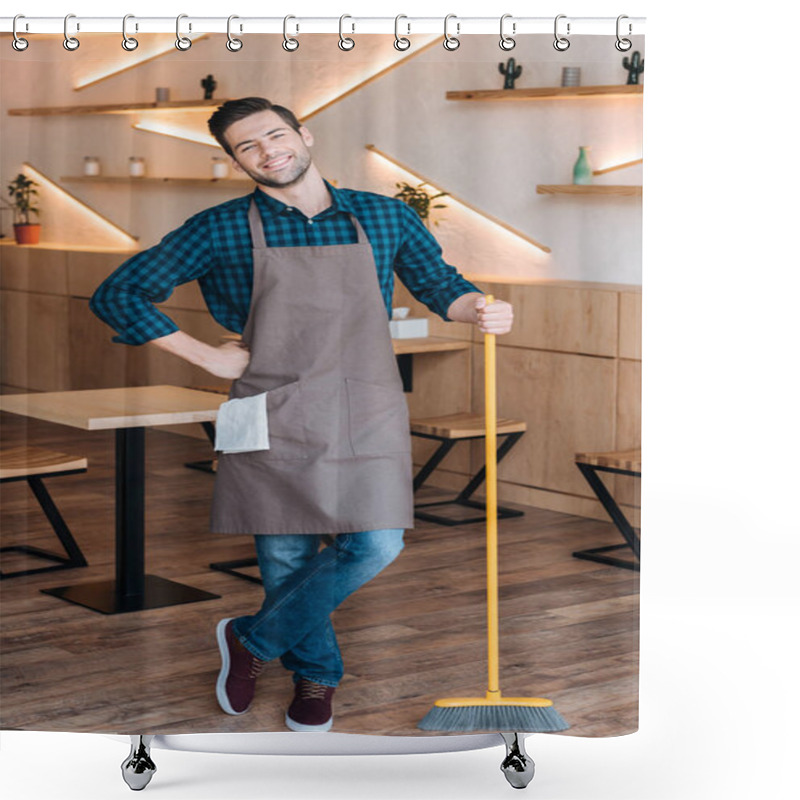 Personality  Worker With Broom In Cafe Shower Curtains