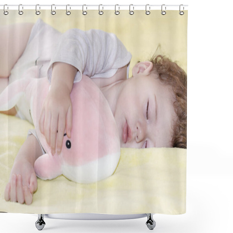 Personality  Little Girl Sleeping Boy Hugging A Toy Pink Whale. Little Caucasian Child Sleeps With A Soft Toy Shower Curtains