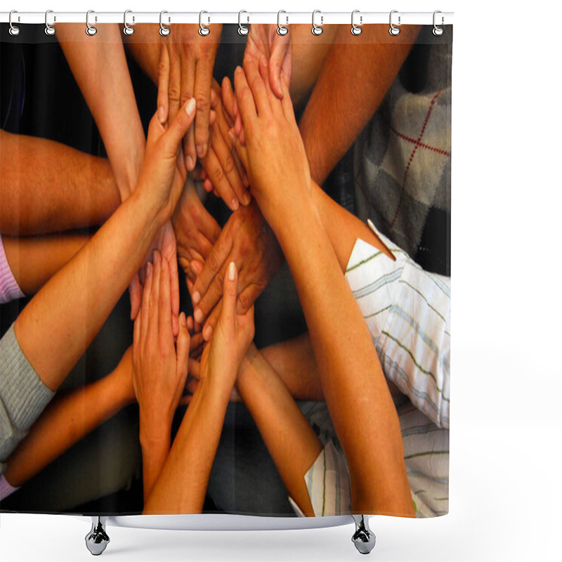 Personality  Reaching And Touching Hands, Non Verbal Communication And Symbol For Solidarity Shower Curtains