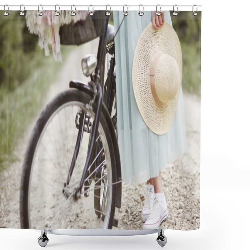 Personality  Woman Holding Hat Shower Curtains