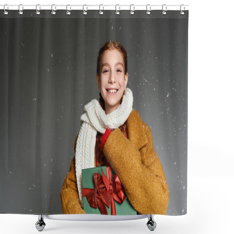 Personality  A Cheerful Young Girl Embraces The Spirit Of Winter With Warm Clothing And A Present. Shower Curtains