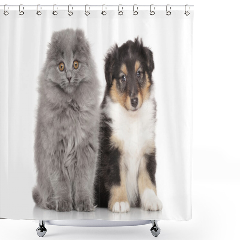 Personality  Kitten And Puppy On White Background Shower Curtains