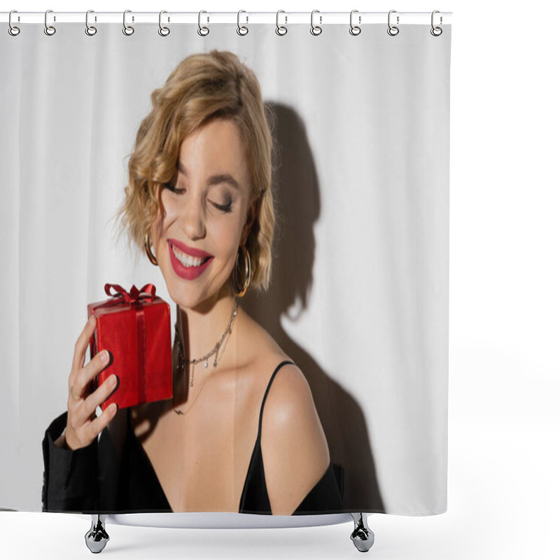 Personality  Young Blonde Woman Holding Red Wrapped Present And Smiling On White  Shower Curtains