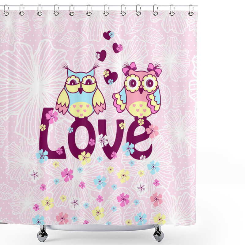 Personality  Beautiful Card With Owls In Love On Branch On A Pink Lace Background Shower Curtains