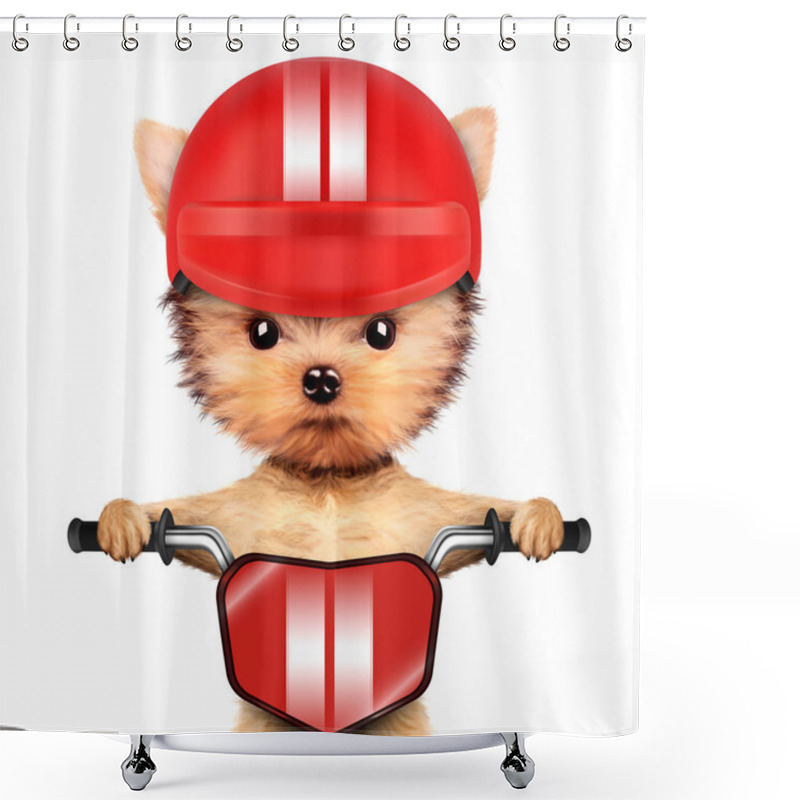 Personality  Adorable Puppy Sitting On A Bike With Helmet Shower Curtains