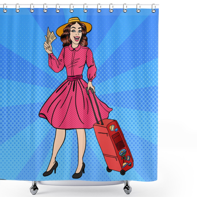 Personality  Woman With Baggage. Pin Up Girl. Beautiful Girl With Tickets. Time To Travel. Pop Art. Vector Illustration Shower Curtains