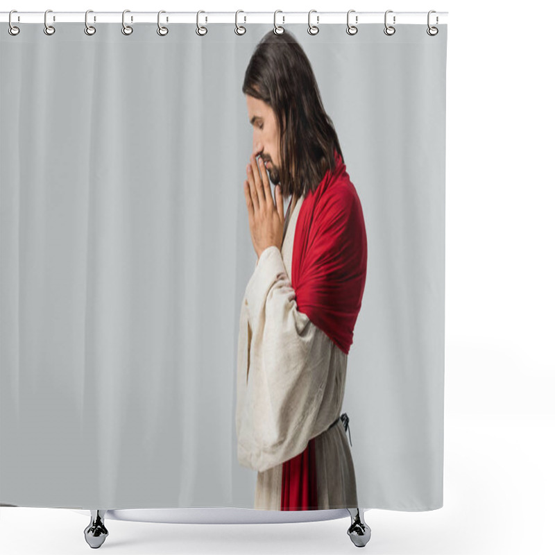 Personality  Side View Of Man With Closed Eyes Praying Isolated On Grey Shower Curtains