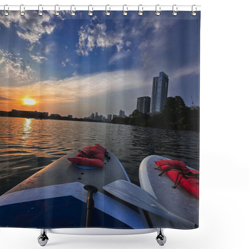 Personality  A Tranquil Scene From Lady Bird Lake In Austin, Viewed From A Paddleboarder's Perspective. Two Boards Face The Hazy Sunset With The Austin Skyline In The Distance, Blending Nature And City Vibes. Shower Curtains