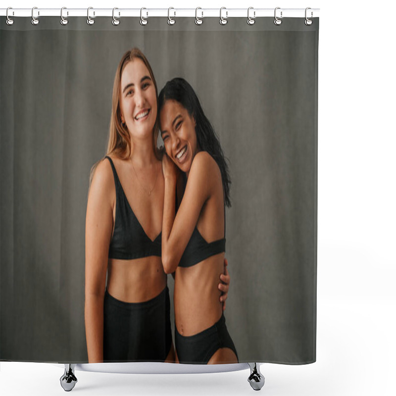 Personality  Two Girlfriends Having Loads Of Fun Laughing And Smiling In The Studio Before They Start Workout. High Quality Photo Shower Curtains