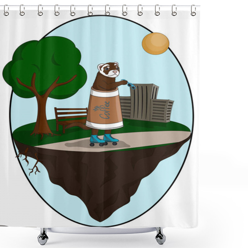 Personality  Illustration Of Ferret Dressed In A Coffee Cup And On Rollers On Plot Of Land With Tree And Buildings Levitate. T Shirt Printing Shower Curtains