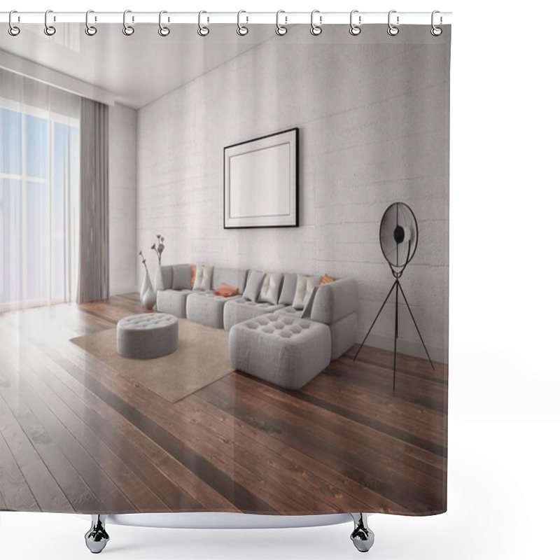 Personality  Mock Up A Modern Living Room With A Perfect Corner Sofa And A Light Hipster Background. Shower Curtains