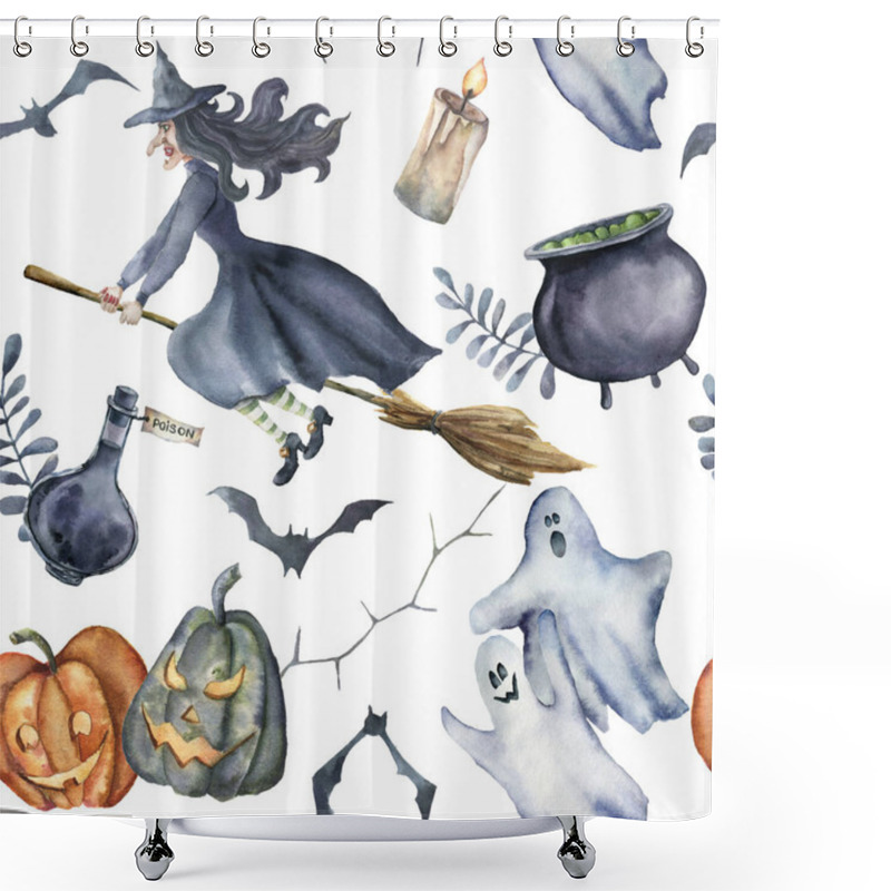 Personality  Watercolor Halloween Seamless Pattern. Hand Painted Halloween Symbols On White Background. Pumpkins, Witch Hat, Candy, Spider, Potion, Cauldron, Candle, Ghosts, Bats And Floral Branch. Holiday Design. Shower Curtains