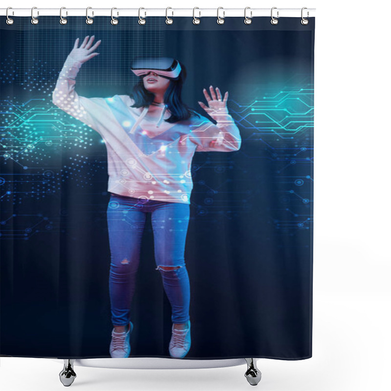 Personality  Young Excited Woman In Virtual Reality Headset Levitating In Air Among Glowing Data Illustration On Dark Background  Shower Curtains