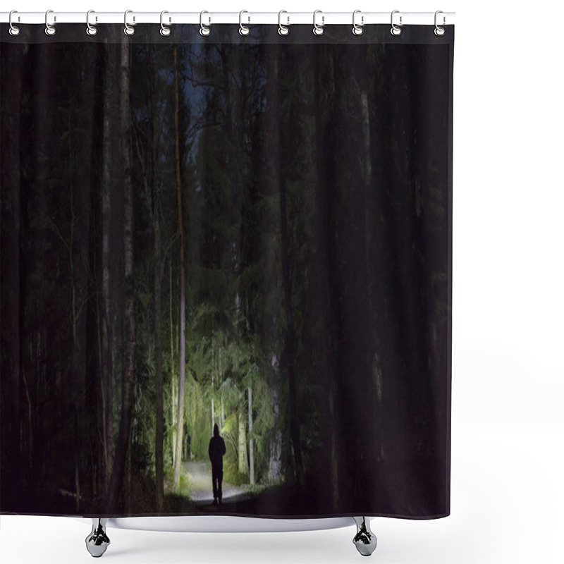 Personality  Man Standing Outdoors At Night In Tree Alley Shining With Flashlight. Beautiful Dark Snowy Winter Night. Shower Curtains