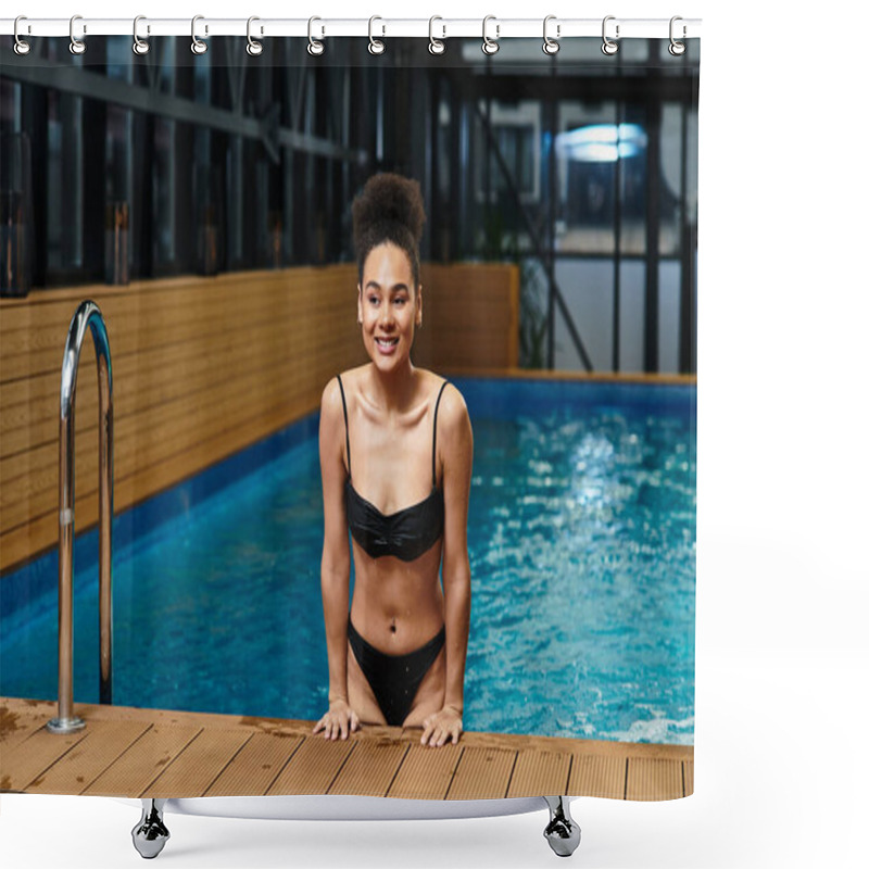 Personality  A Young African American Woman Smiles While Resting By The Poolside In A Serene Spa Environment. Shower Curtains