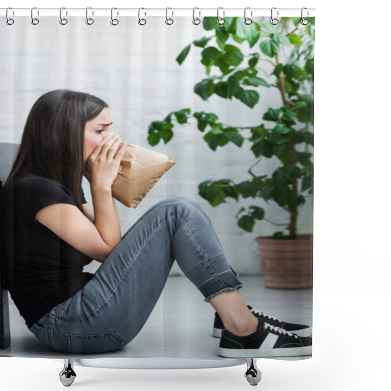 Personality  Side View Of Young Woman Sitting On Floor And Breathing Into Paper Bag While Suffering From Panic Attack Shower Curtains