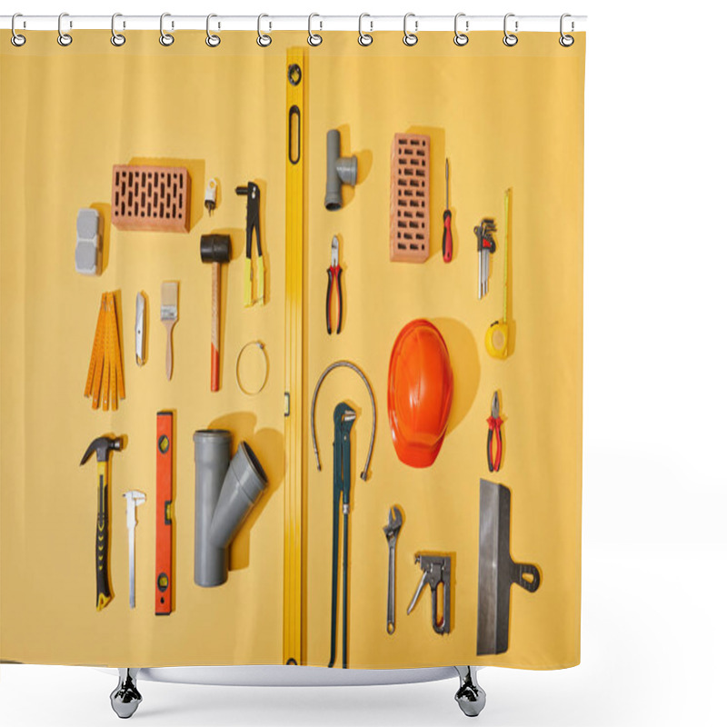 Personality  Top View Of Bricks, Industrial Tools, Helmet, Plumbing Hose, And Measuring Tape On Yellow Background Shower Curtains