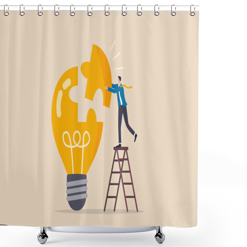 Personality  Solve Business Problem With Creativity, Finishing Or Complete Brilliant Idea, Work Solution Or Business Idea Concept, Smart Businessman Assemble Last Piece Of Jigsaw To Complete Lightbulb Idea Puzzle. Shower Curtains