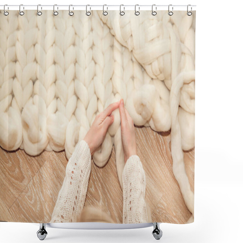 Personality  Women's Hands Knit A Plaid Of Merino Wool Of Large Knitting On A Wooden Floor, Top View Flat Lay. Master Class Step By Step, Training Shower Curtains