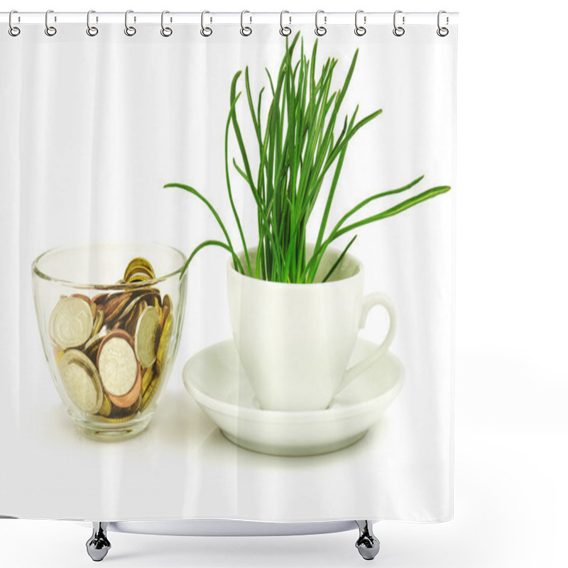 Personality  Money In Bowl And Grass In White Cup Shower Curtains