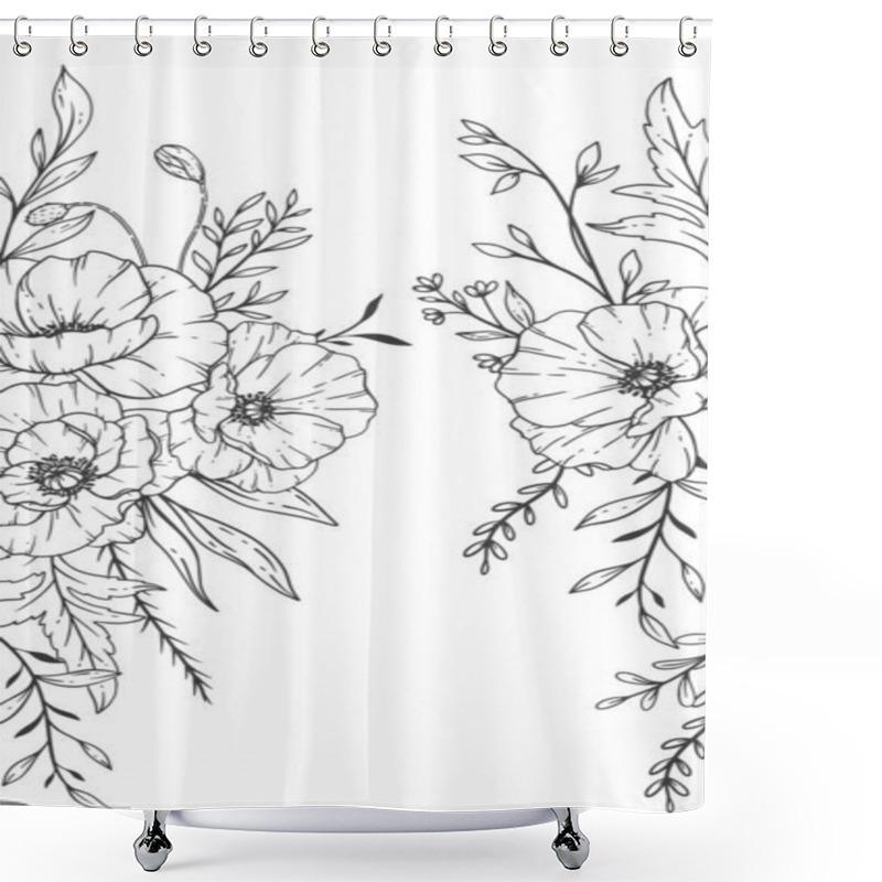 Personality  Floral Frames Line Art, Fine Line Poppy Frames Hand Drawn Illustration. Outline Leaves And Flowers.  Shower Curtains