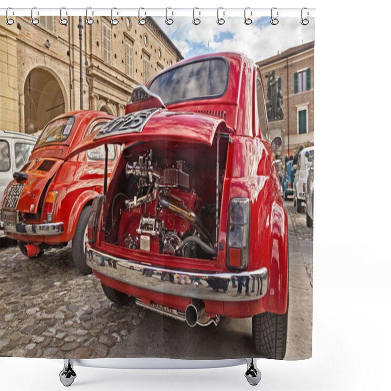 Personality  Vintage Italian Car Fiat 500 With Tuning Chromed Engine Abarth 595 In 24th Meeting Auto Vintage In November 11, 2018 In Bagnacavallo, RA, Italy Shower Curtains