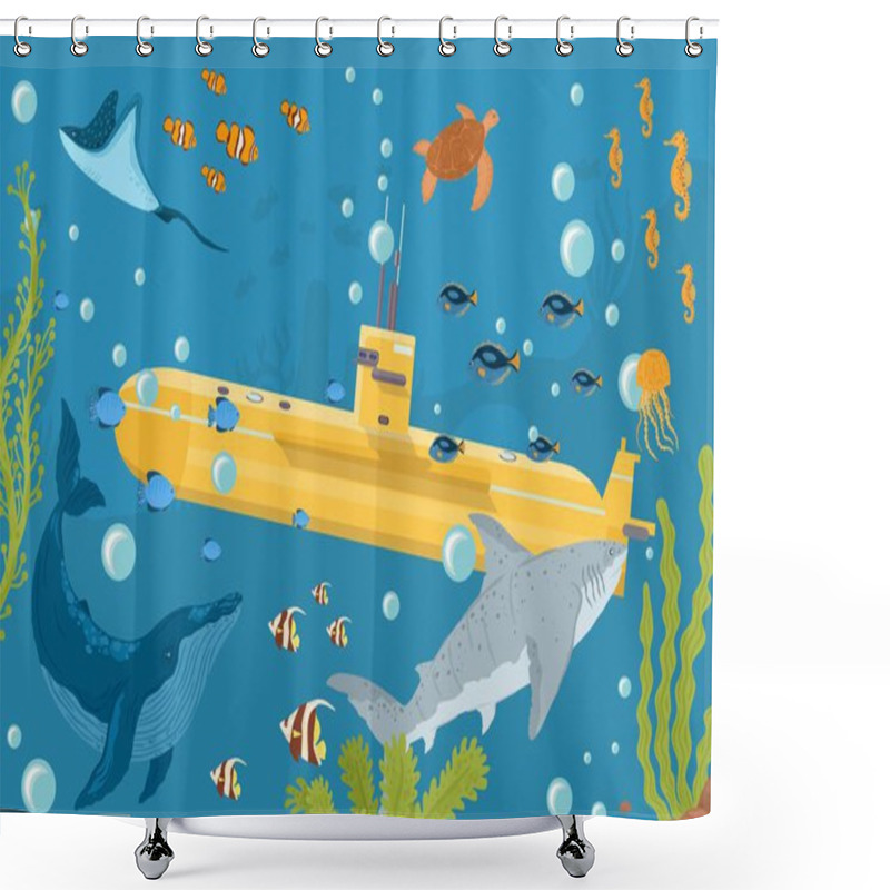 Personality  Yellow Submarine Undersea Boat With Fishes In Ocean, Sea, With Periscope Flat Design, Vector Illustration. Marine Theme. Shower Curtains