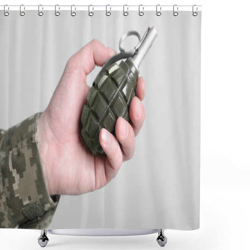 Personality  Soldier Holding Hand Grenade On Light Grey Background, Closeup. Military Service Shower Curtains