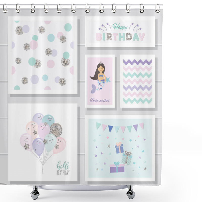 Personality  Cute Birthday Cards Set For Girls. With Glitter Elements. Mermaid And Balloons Cartoon Characters. Polka Dots Seamless Pattern. Shower Curtains