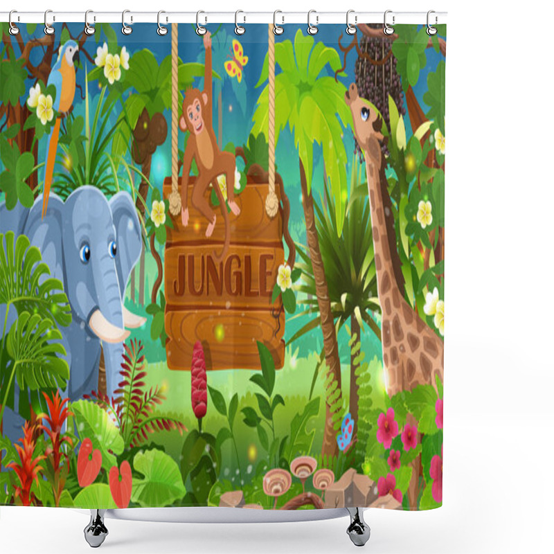 Personality  Cartoon Tropical Forest With Wooden Board And Animals, Elephant, Monkey, Parrot, Giraffe. Jungle Forest View. Jungle With Green Tropical Trees, Plants, Shrubs And Flowers. Wildlife Panoramic   Shower Curtains