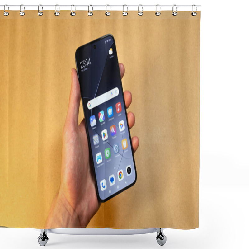 Personality  Man's Hand Holding A Modern Xiaomi Smartphone With Home Screen Apps Visible, Android Device Showcase On Beige Background, New Modern Mobile Phone Tech Review Concept Shower Curtains