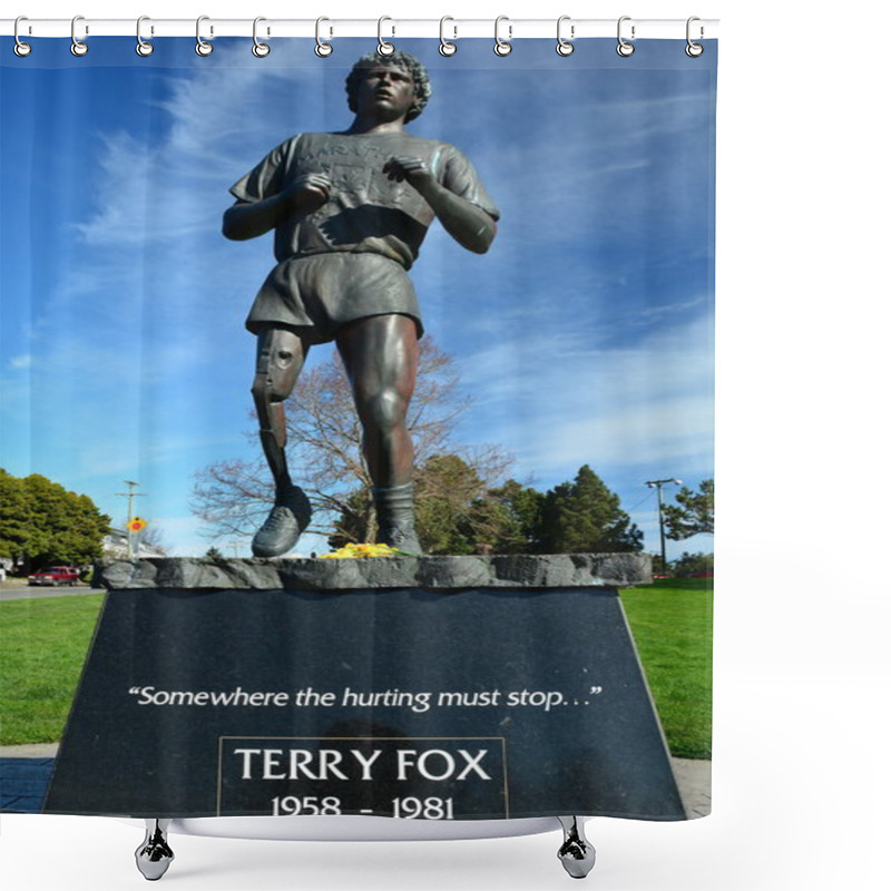 Personality  Terry Fox Memorial Statue,Victoria BC,Canada.March 3rd 2015.The Marathon Of Hope Run Was And Still Is A Major  Fund Raiser For Cancer.Terry Fox Is Canada's Most Prominent Person. Shower Curtains