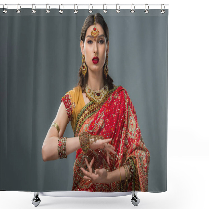 Personality  Attractive Indian Woman Gesturing In Traditional Clothing, Isolated On Grey  Shower Curtains