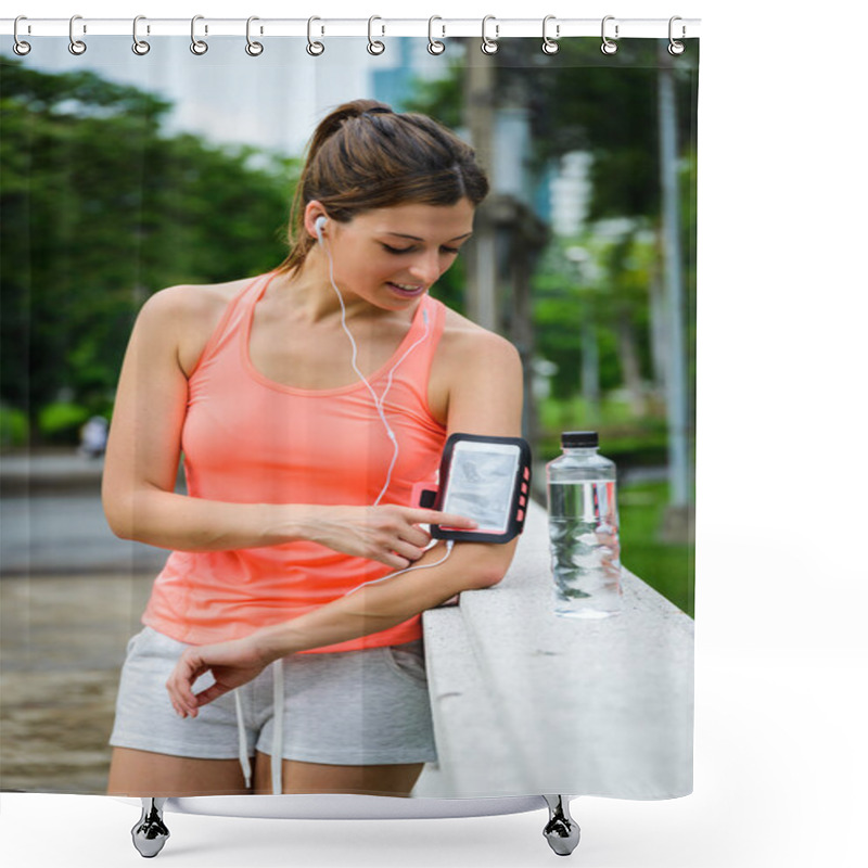 Personality  Fitness Woman With Smartphone Armband Ready For Workout Shower Curtains