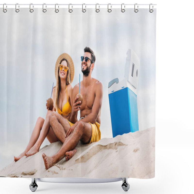 Personality  Smiling Young Couple With Coconut Cocktails Relaxing On Sand In Front Of Cloudy Sky Shower Curtains