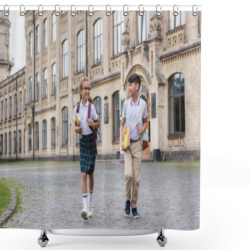 Personality  Schoolgirl With Notebooks Talking To Asian Friend With Backpack While Walking Near School Outdoors  Shower Curtains