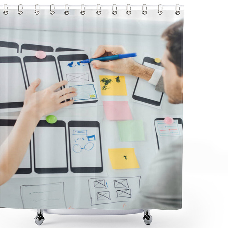 Personality  Selective Focus Of Designers Planning User Experience Design Of Mobile Website On Whiteboard  Shower Curtains