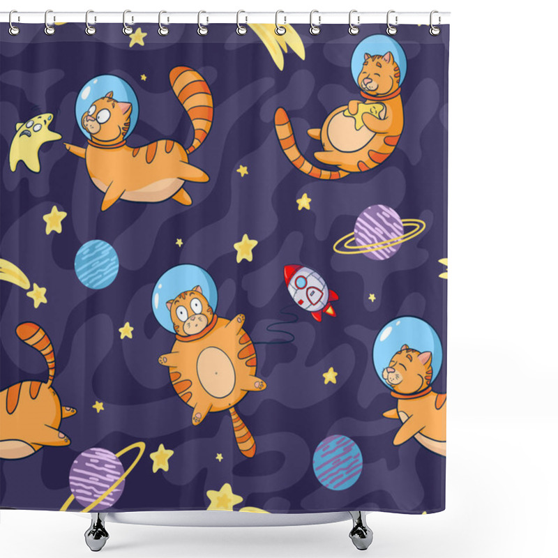 Personality  Cosmic Cats Seamless Pattern. Adorable Cat Astronauts In Space Ornament For Wrapping Paper, Textiles, Home Decor, Wallpaper, Baby Cloth, Invitations Or Packaging Design, Posters Shower Curtains